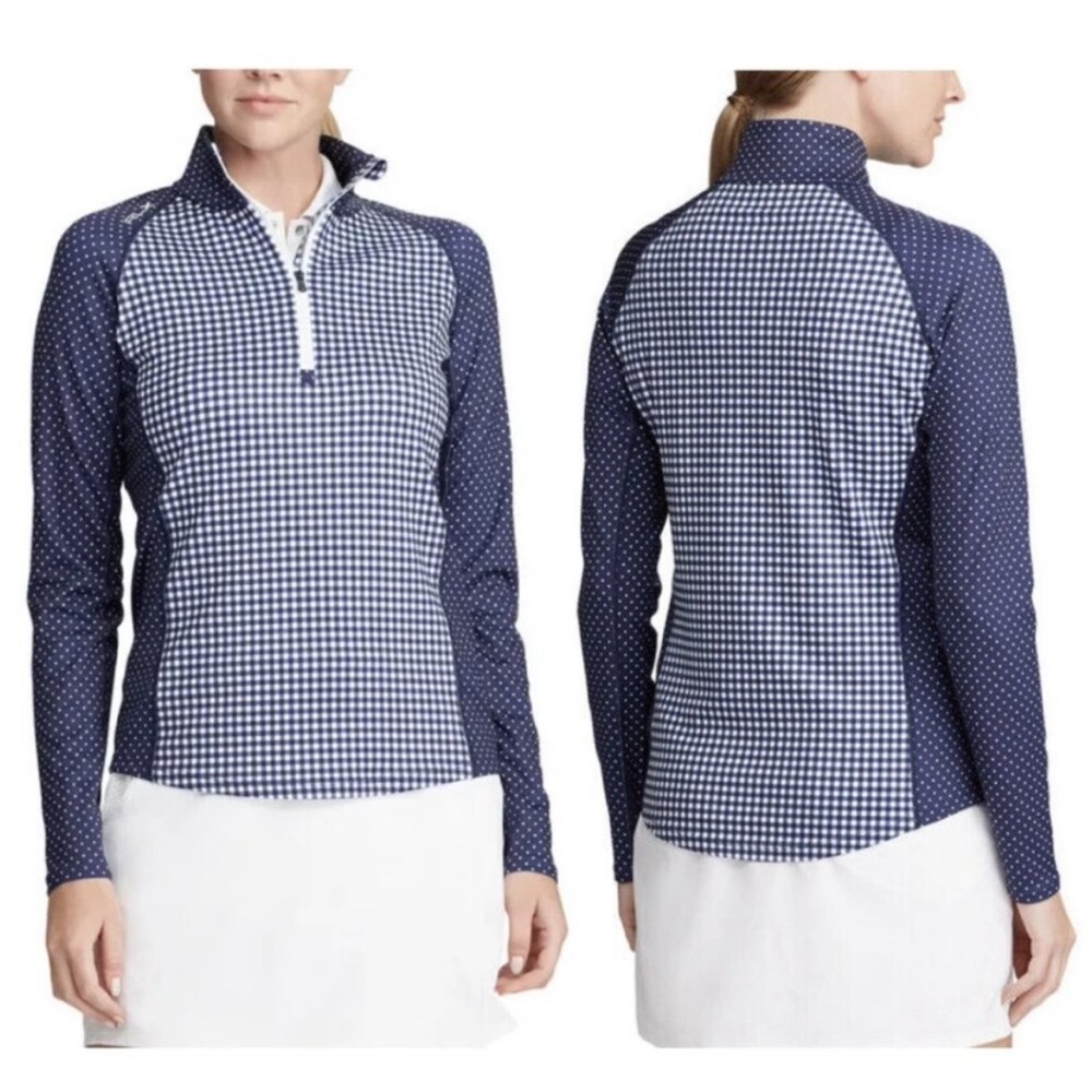 RLX Ralph Laurent Navy white Gingham Top jacket 1/2 zip polka dot check S